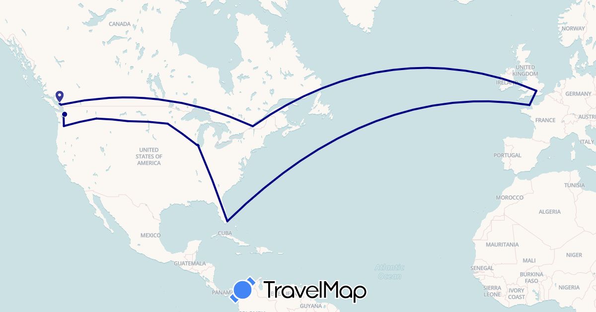 TravelMap itinerary: driving in Canada, United Kingdom, Jersey, United States (Europe, North America)